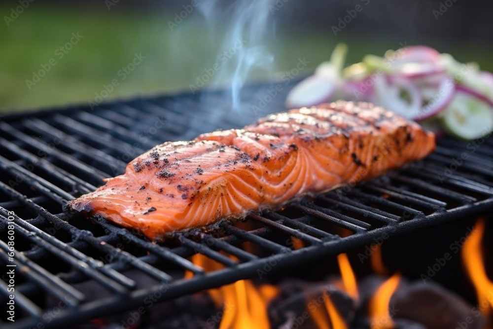 apple cider bbq salmon on grill with charcoal flames in background apple cider bbq salmon on grill with charcoal flames in background