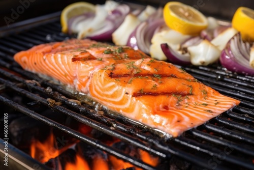 sizzling salmon with apple cider basting on hot grill