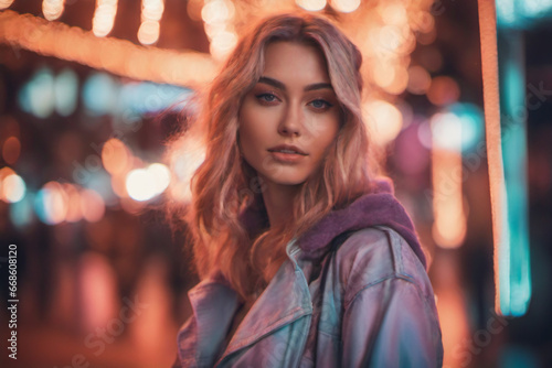 A beautiful young woman wearing a fashionable outfit stands at night at beautiful neon lights