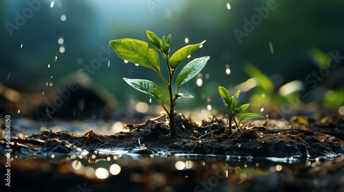 Young plant with drop of water. photo