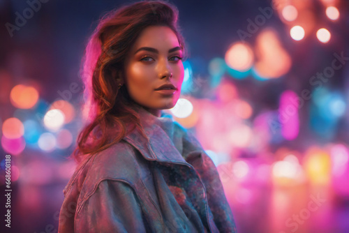 A beautiful young woman wearing a fashionable outfit stands at night at beautiful neon lights