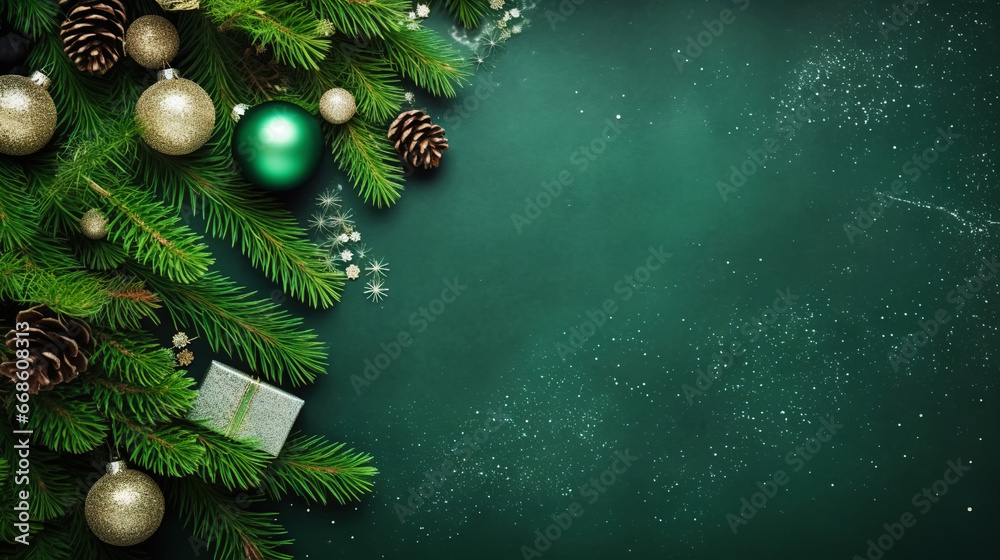Christmas flat lay with pine, confetti and balls, on green background with copy space. Top view. Generative AI Christmas flat lay with pine, confetti and balls, on green background with copy space. Top view. Generative AI
