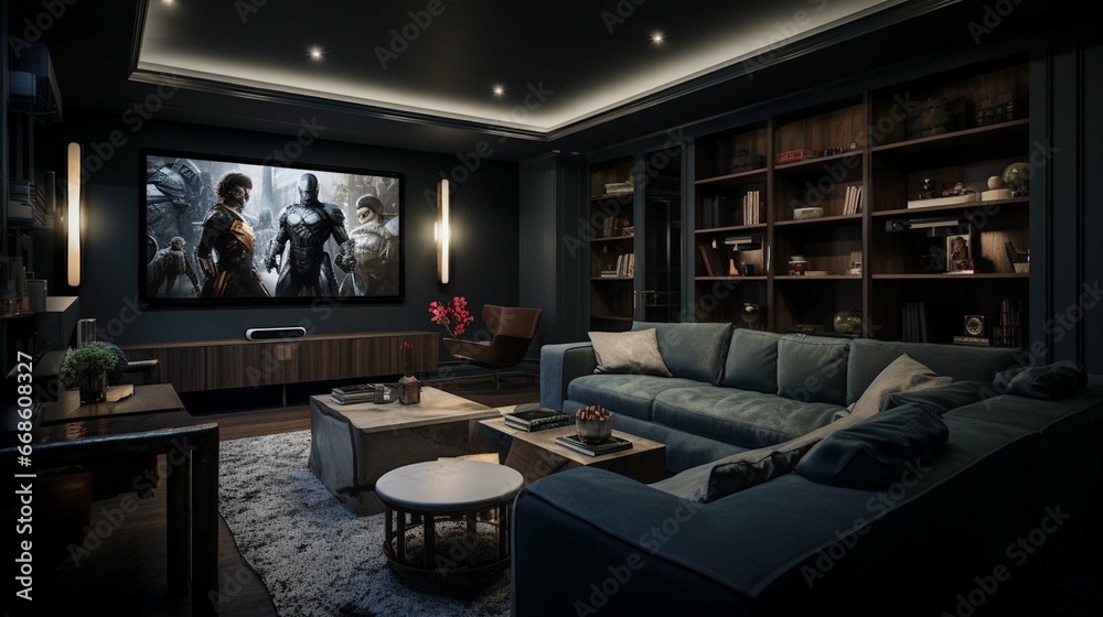 The media theatre room is designed with dark-colored walls and features a grey sofa. It is equipped with a popcorn machine and a movie screen, creating a cozy yet entertaining space. 3D rendering