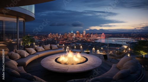 A rooftop lounge with a circular firepit and 360-degree city views.