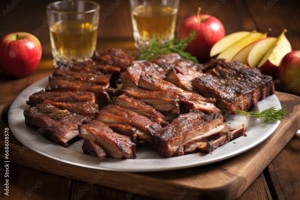 charred ribs on a platter with pieces of applewood