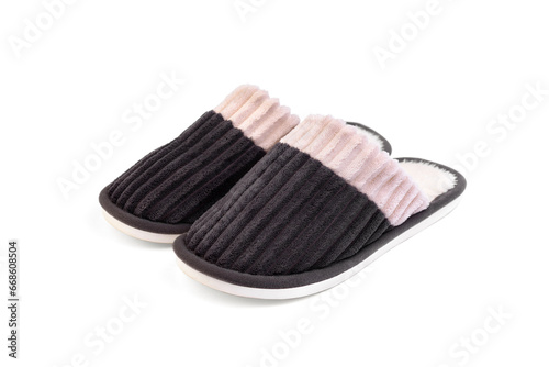 Men's grey house slippers isolated on white background.