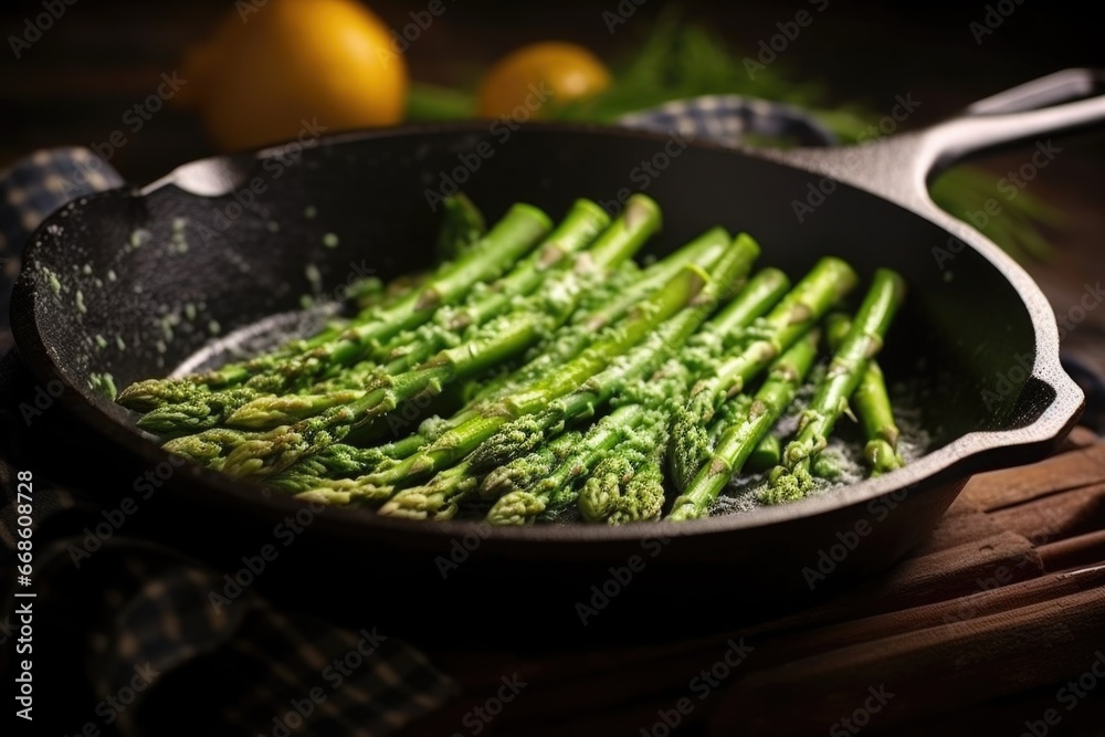 asparagus with their tops crisped in a playfully coated frying pan - obrazy, fototapety, plakaty 