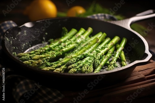 asparagus with their tops crisped in a playfully coated frying pan photo