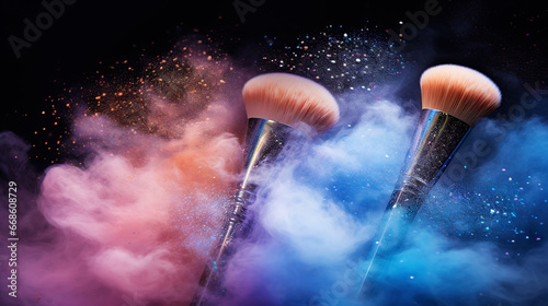 Several soft makeup brushes releases colourful powder into a dusty, expansive cloud. Black background. Generative AI