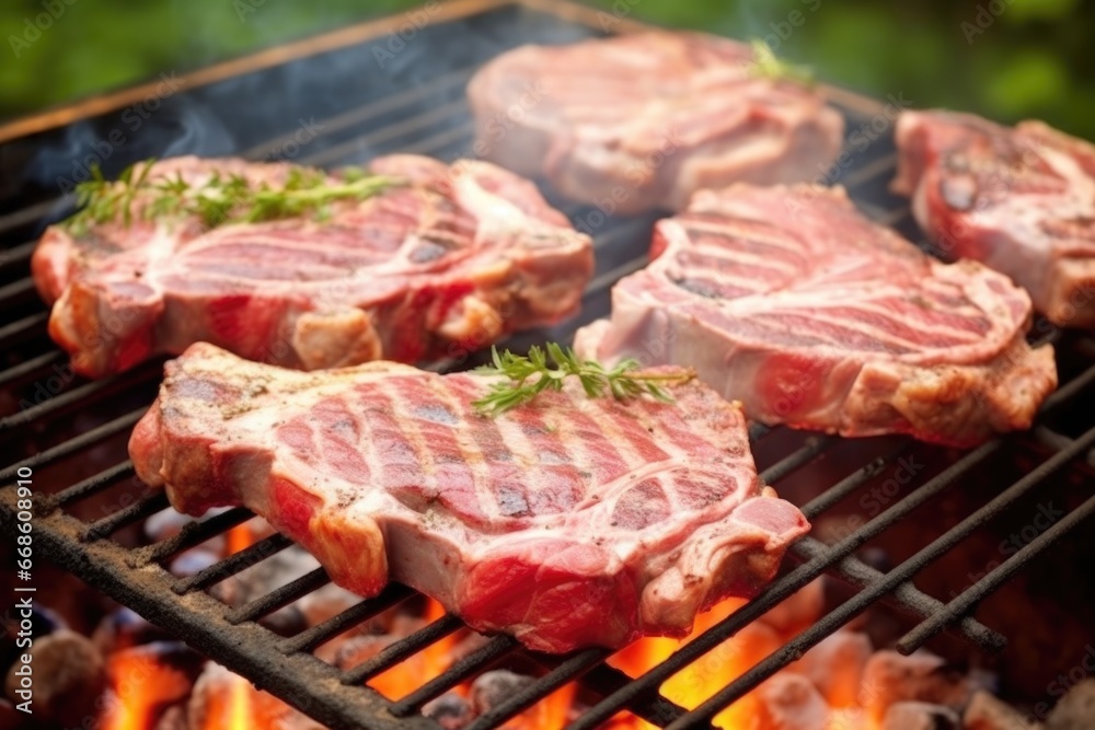 close-up of seasoned lamb chops on the barbecue