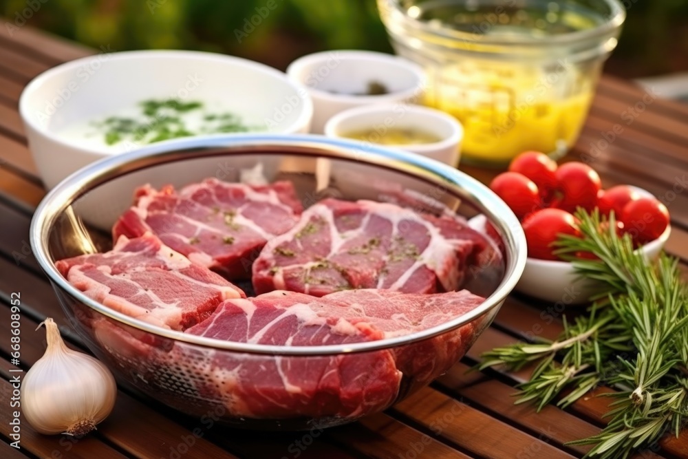 lamb chops marinating in a bowl next to a grill