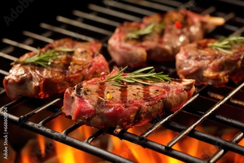 lamb chops on the grill  garnished with fresh rosemary