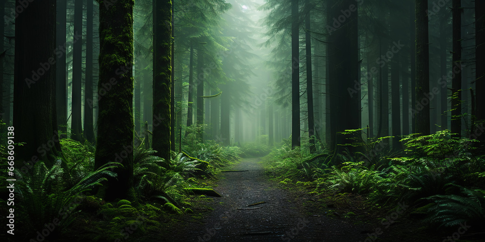 Obraz premium Misty road in fir forest. Minimalistic scenery. Generative AI