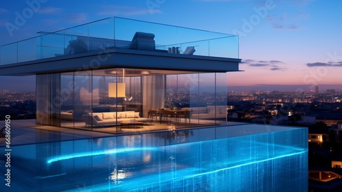 A rooftop pool with a transparent acrylic wall facing the interior of the home. © Adeel  Hayat Khan