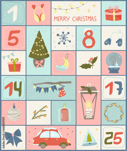 Christmas Advent Calendar. depicts elements of Christmas - garland, gifts, Christmas toys, Christmas wreath and more