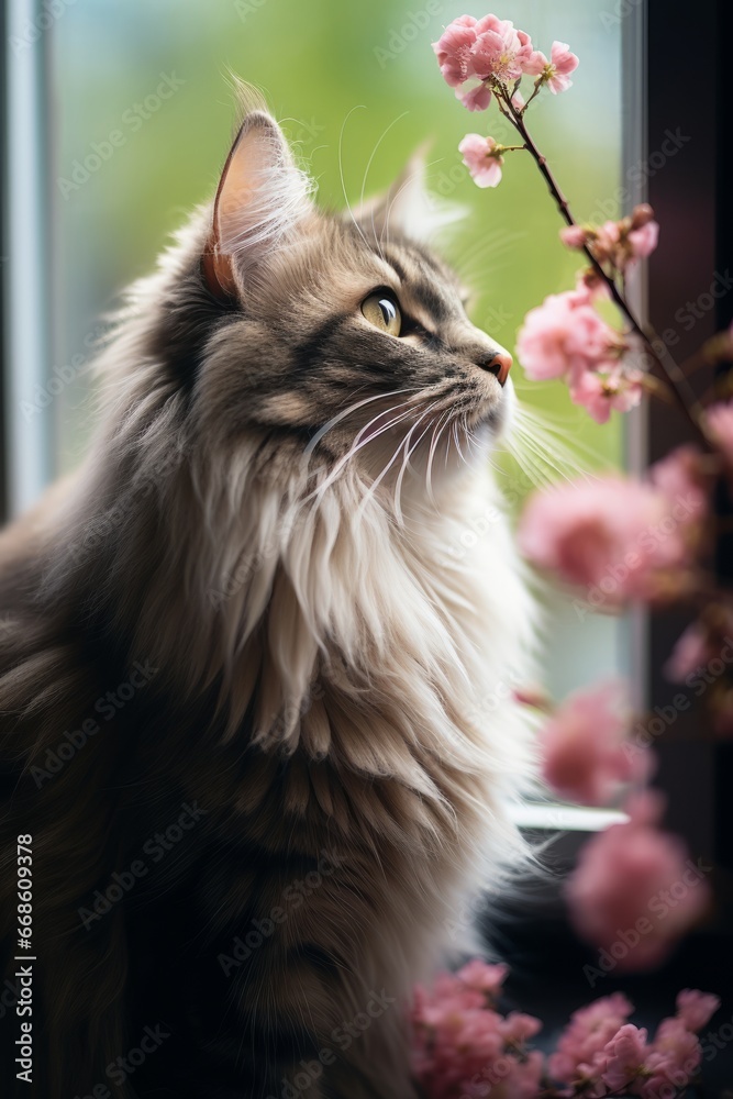 A cat sitting on a window sill next to a vase of flowers