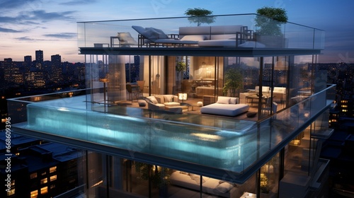 A rooftop pool with a glass-bottom section showcasing the interior of the home. photo