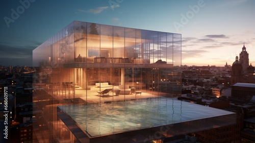 A rooftop pool with a transparent side extending beyond the building s edge.