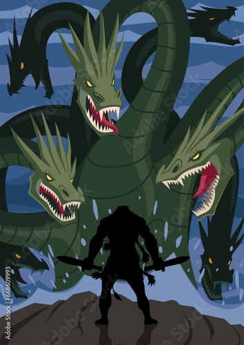 Hercules stands defiantly against the Hydra, wielding his weapon. The multi-headed beast towers above, ready to attack in a moonlit setting. NOT AI generated.