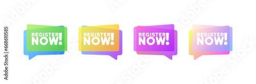 Register now bubbles. Flat, purple, message bubble, register now bubbles. Vector icon