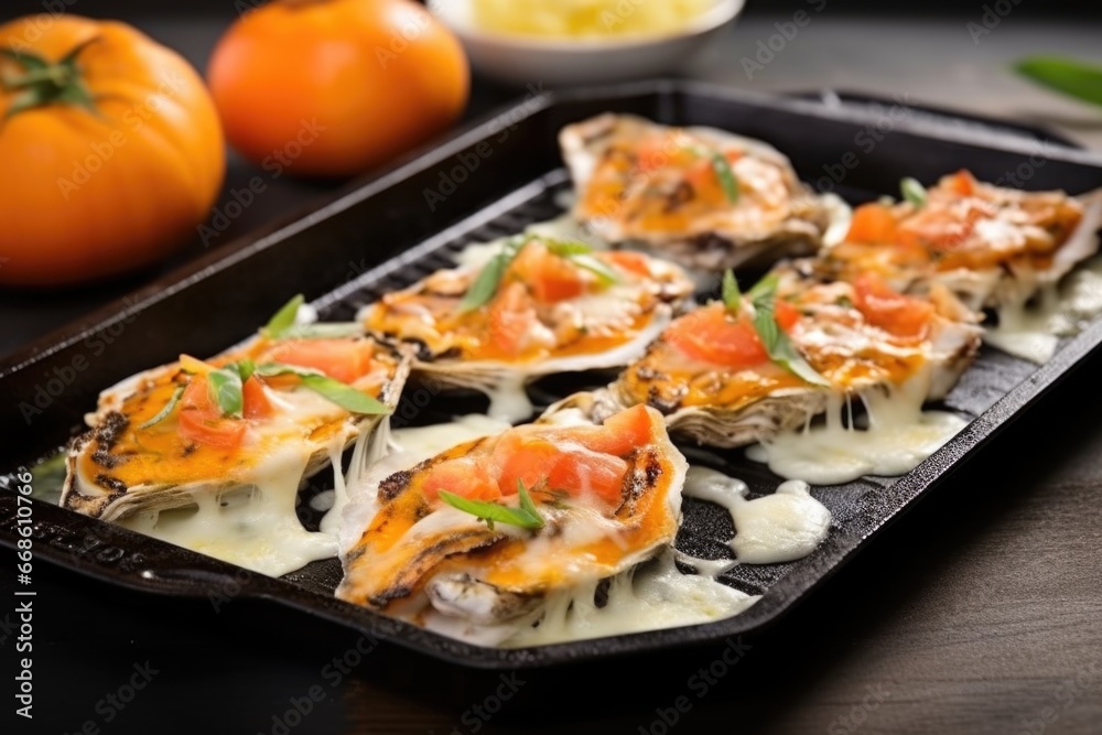 grilled oysters presented on a slate serving platter grilled oysters presented on a slate serving platter