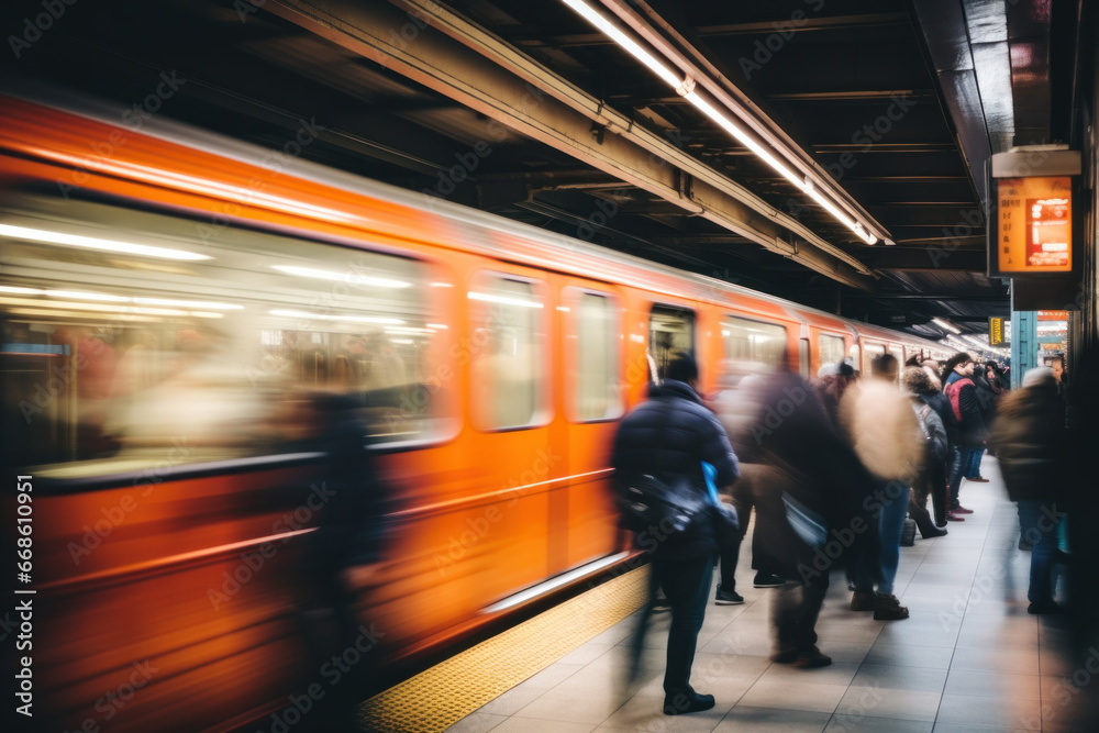 Fototapeta premium quai du métro aux heures d'affluence avec effet de vitesse flou du train