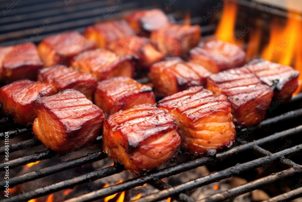 smokey barbecued pork belly on a charcoal grill