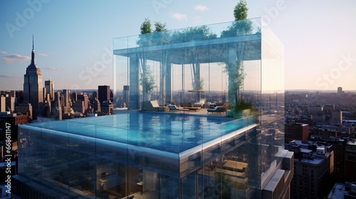A rooftop pool with a transparent side extending beyond the building's edge. © Adeel  Hayat Khan