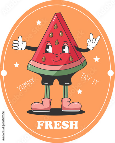 90s Fruits Funny Retro Hippie Groovy Cartoon Watermelon. Label with Comic Character. Groovy Summer Vector Sticker. Sweet Juicy Fresh Fruit Banner.