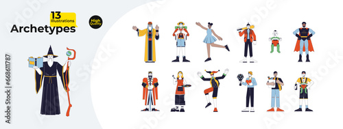 Character archetypes line cartoon flat illustration bundle. Archetypal 2D lineart characters isolated on white background. Collective unconscious behavior, experiences vector color image collection