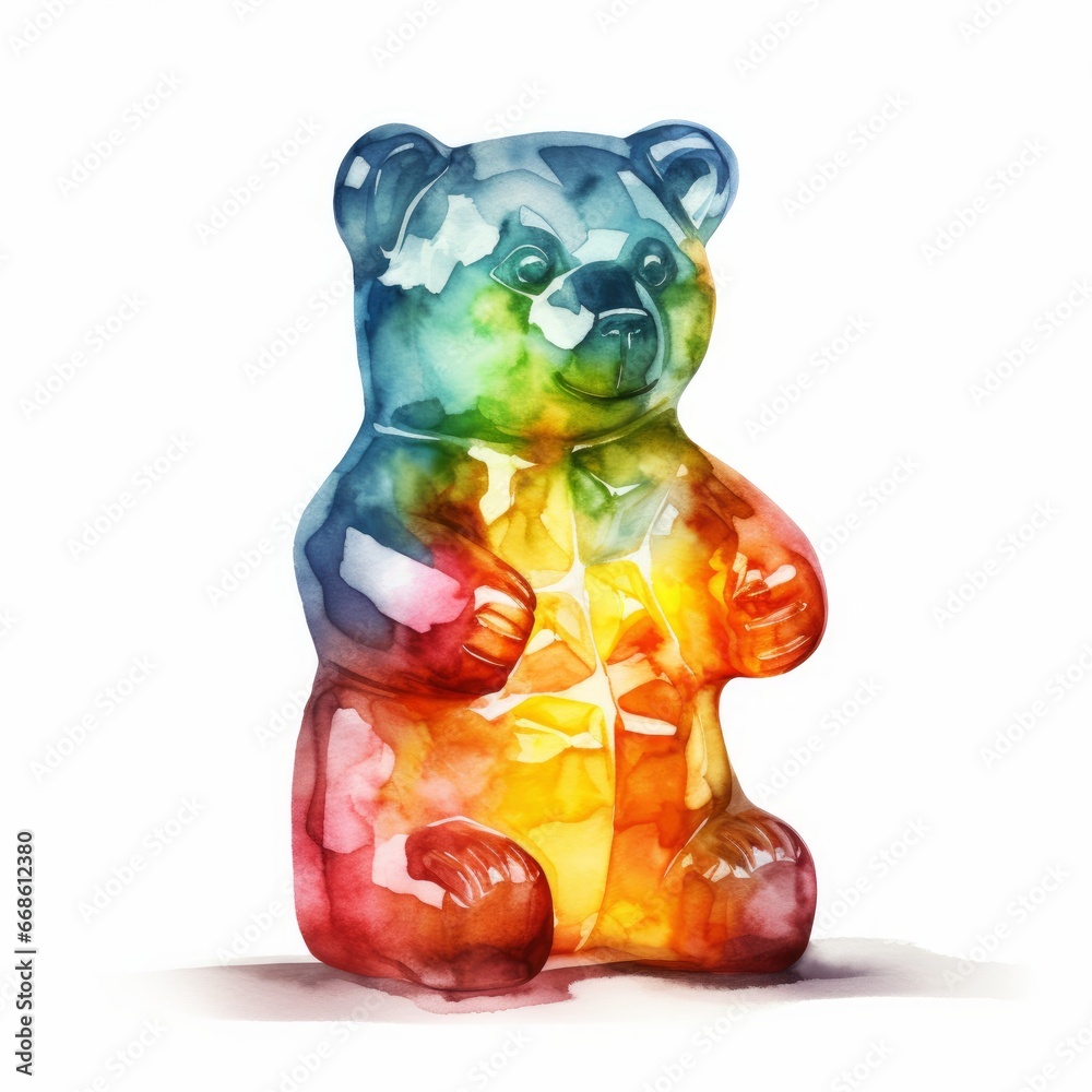 Fototapeta premium Vibrant watercolor image of a rainbow-colored gummy bear on white background. AI generated