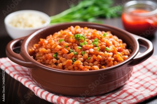 bbq baked beans garnished with chives in ceramic bowl