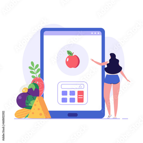 Happy woman counting daily calories with diet app. Concept of calories count, diet app for nutrition and dieting, weight loss calculator. Girl using diet app for meal plan. Vector illustration in flat