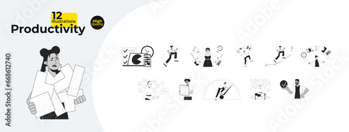 Productivity employees black and white 2D illustration concepts bundle. Productive people cartoon outline characters isolated on white. Performance high metaphor monochrome vector art collection