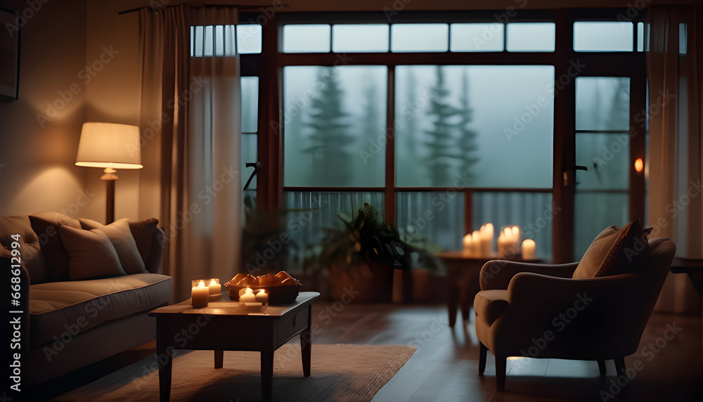 living room open window rainy atmosphere peaceful style