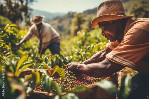 Man workers collecting holding coffee beans harvesting fresh