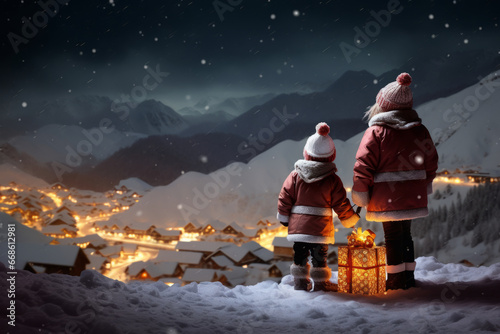 Christmas card. back view of Little kids with gift box on the top of snowy hills looking on the town © zamuruev