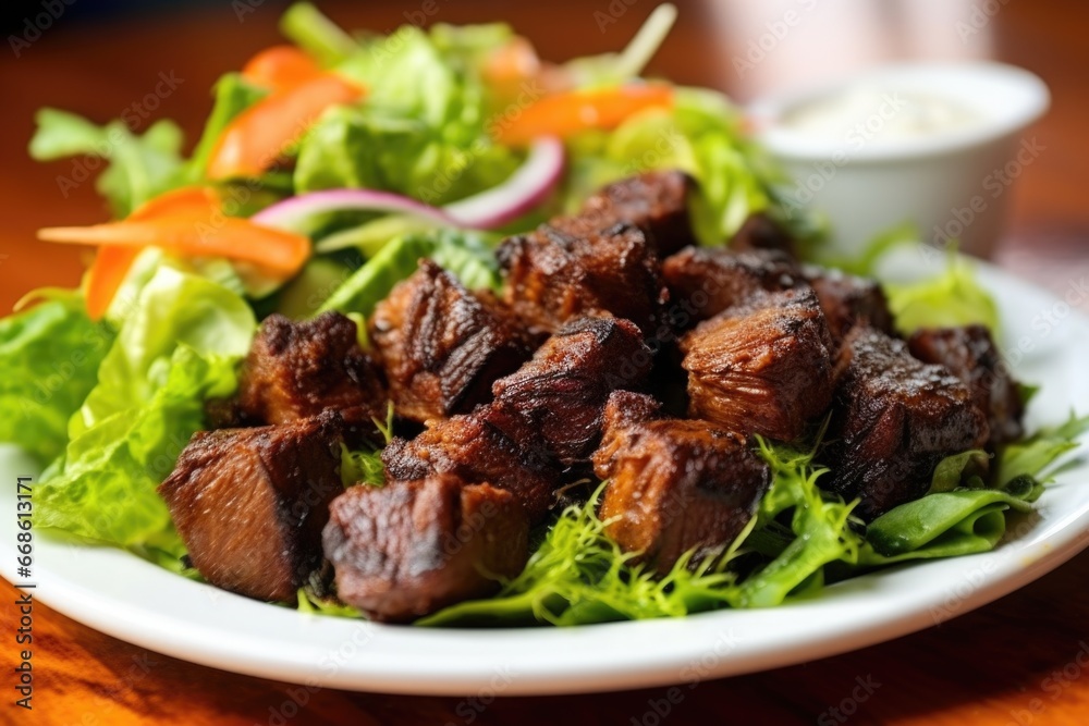 bbq burnt ends juxtaposed with a green salad