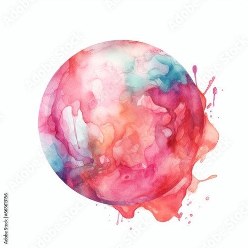 Whimsical watercolor image of a bubblegum ball with a pop of color on white. AI generated