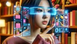 A woman delves into a futuristic shopping experience as she explores a virtual reality bookcase filled with a collection of dolls, toys, and shelves, embodying the essence of adventure and imaginatio