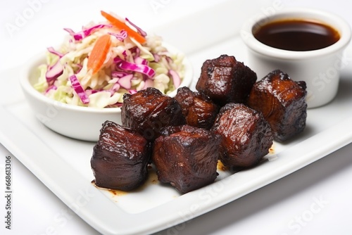 burnt ends served with coleslaw on a white plate