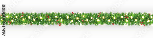 Christmas garland long banner. Green fir branches with glitter light, golden stars and red berries border. Xmas evergreen plant frame. Winter Holiday background. New Year card. Vector illustration