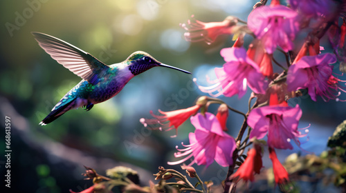 Pink blooming hummingbird in a wooded environment