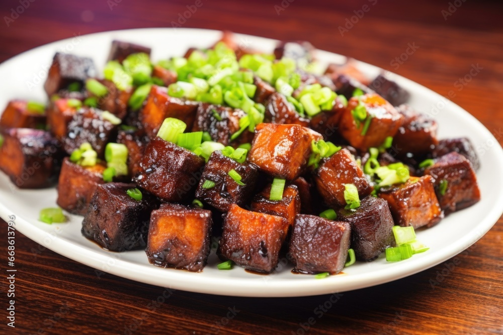 burnt ends garnished with freshly chopped scallions burnt ends garnished with freshly chopped scallions