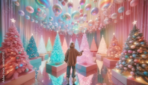 A lone figure admires the array of futuristic ornaments adorning indoor christmas trees, evoking a sense of wonder and limitless shopping possibilities