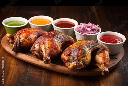 bbq drumsticks with dipping sauces on the side