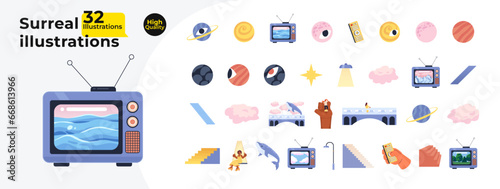 Surreal dreamy 2D cartoon objects bundle. Cosmic eyeball planets, retro tv isolated vector items white background. Fluffy clouds, steps staircase, cosmos space color flat spot illustration collection