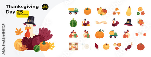 Thanksgiving day cartoon flat illustration bundle. Pilgrim turkey bird, fall pumpkins 2D characters, objects isolated on white background. Hugging family, eating meals vector color image collection © The img