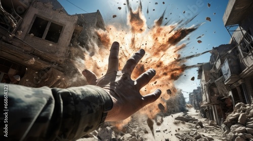 A gripping image capturing the intense moment a soldier's hand reaches out during a massive explosion in an urban street setting, highlighting the drama of conflict and survival.