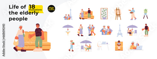 Active retiree pensioners cartoon flat illustration bundle. Grandparent old people 2D characters, objects isolated on white background. Activities leisure time vector color image collection
